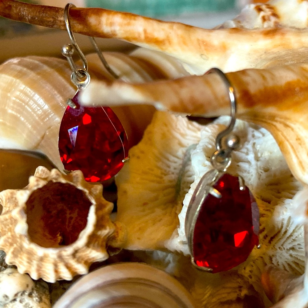 Earrings, Ruby Red and Silver Dangling, .5” Long - Picture 1 of 12